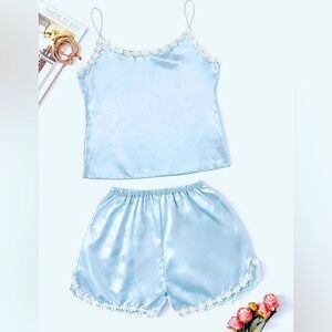 Satin Camisole & Shorts Pajama Set Light Sky Blue White Daisy Trim Size Small